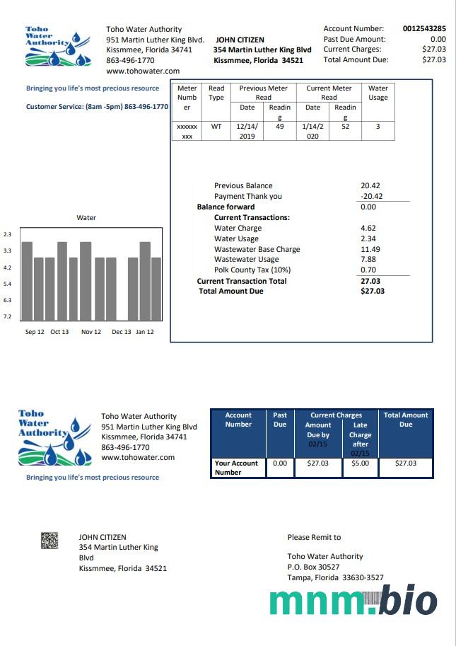 Szablon rachunku za media w USA Florida Toho Water Authority w formacie Word i PDF
